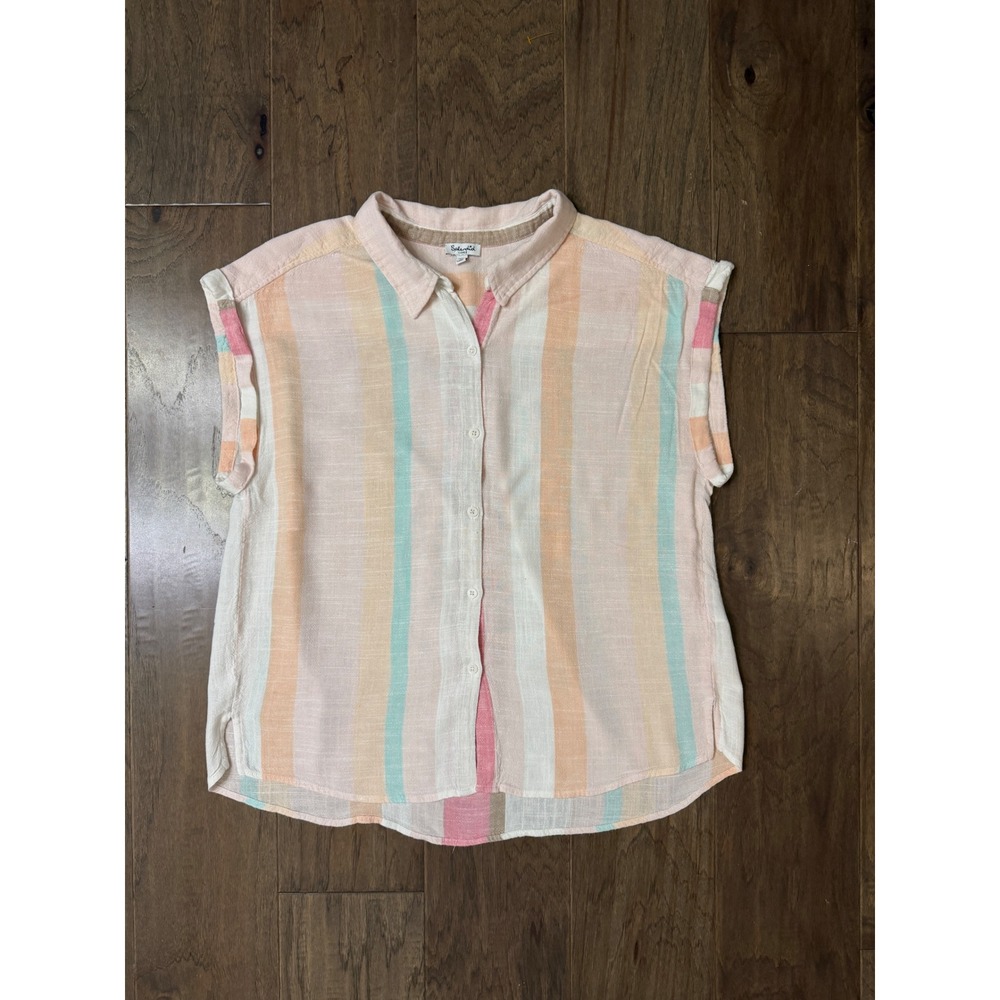 Splendid Womens Large Pastel Striped Linen Blend Cap Sleeve Button Down RM5W23E